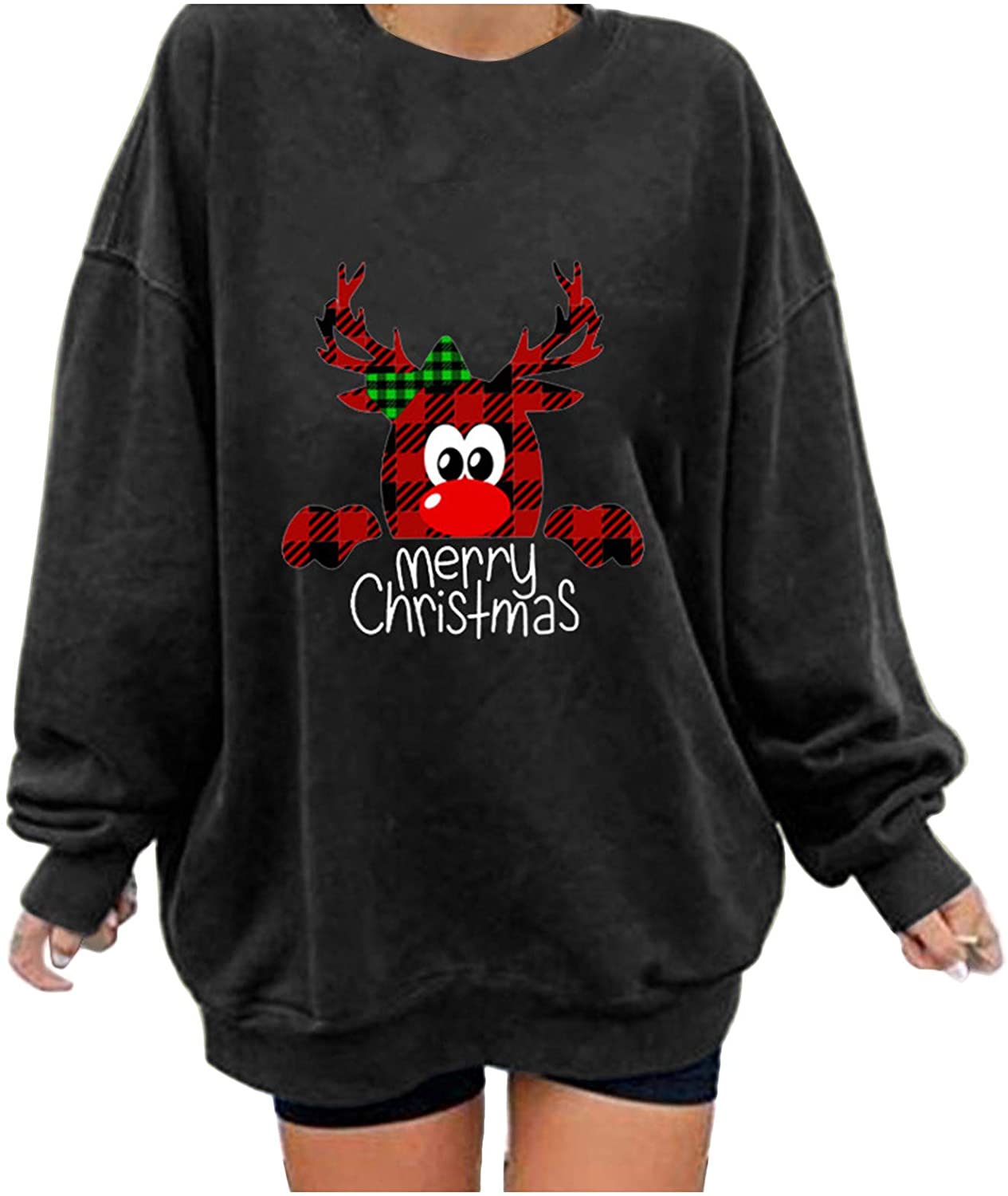 Dosoop Women Merry Christmas Elk Graphic Crewneck Long Sleeve Sweatshirts Tops Tunics Casual Loose S