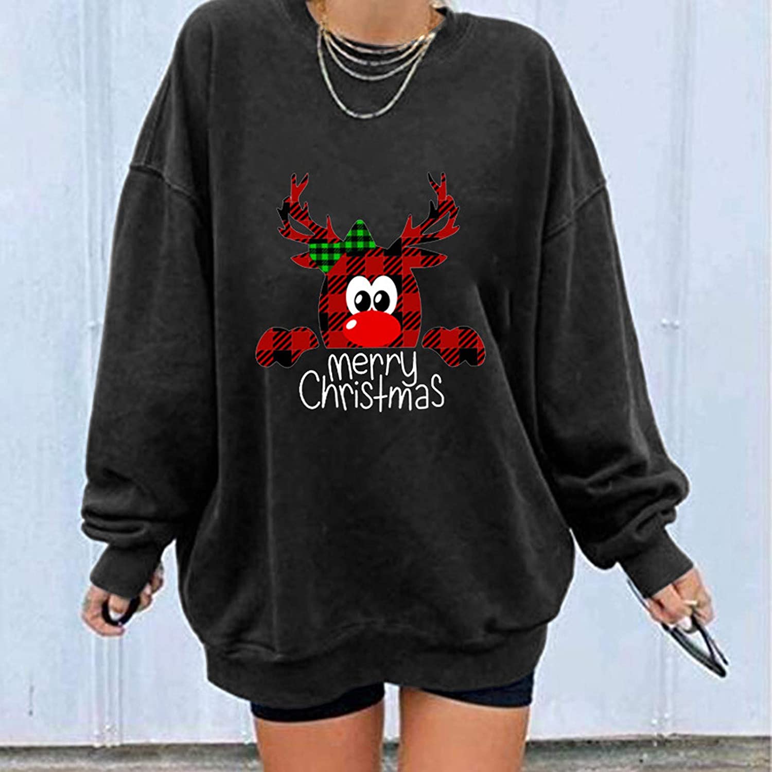 Dosoop Women Merry Christmas Elk Graphic Crewneck Long Sleeve Sweatshirts Tops Tunics Casual Loose S