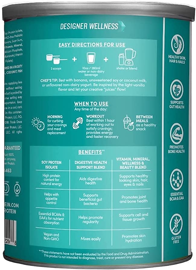 Designer Wellness, Soy Isolate Protein Powder with Biotin, Hyaluronic Acid and Prebiotics, Vegan, No
