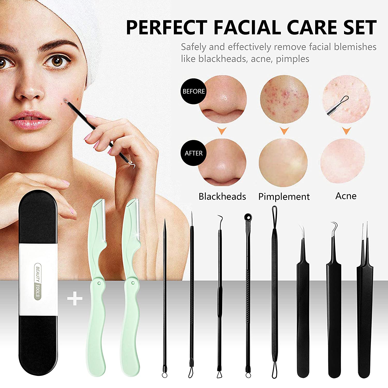 Blackhead Remover Kit, Jarewea 8 Pcs Pimple Popper Tool Acne Comedone Zit Extractor Kit with 2 Pcs F