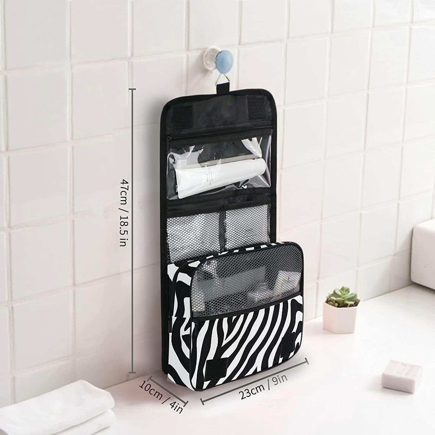 Zebra Pattern Hanging Toiletry Bags, Portable Travel Makeup Bags, Waterproof Square Large Storage Ba