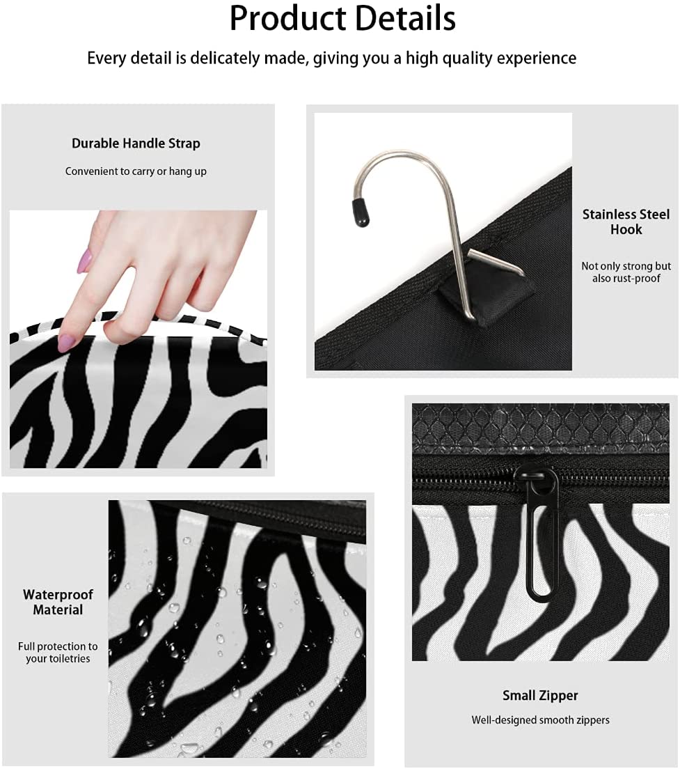 Zebra Pattern Hanging Toiletry Bags, Portable Travel Makeup Bags, Waterproof Square Large Storage Ba