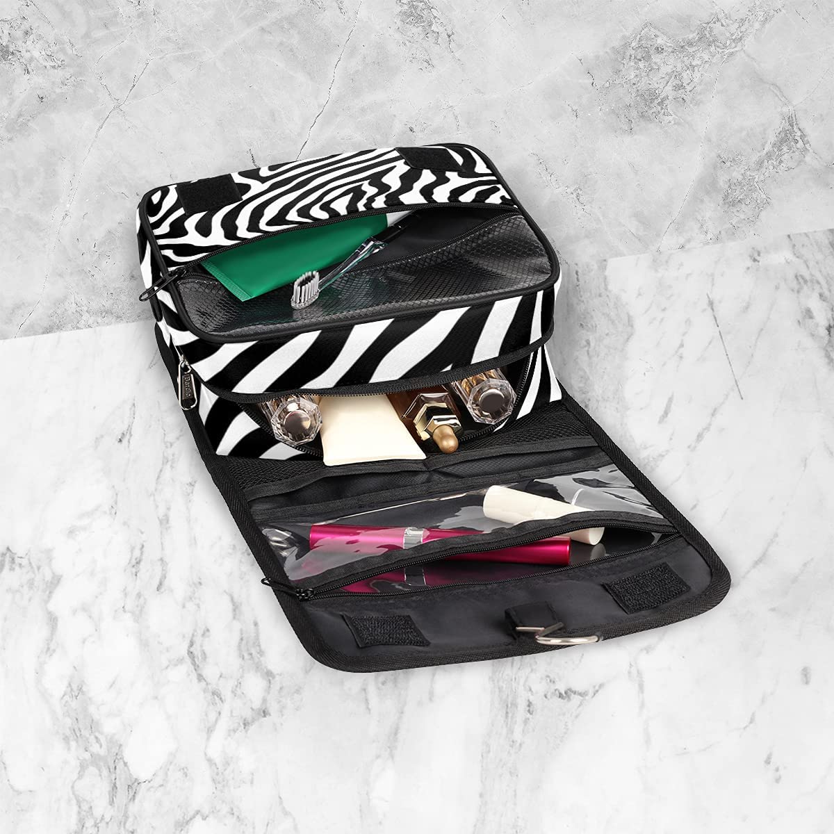 Zebra Pattern Hanging Toiletry Bags, Portable Travel Makeup Bags, Waterproof Square Large Storage Ba