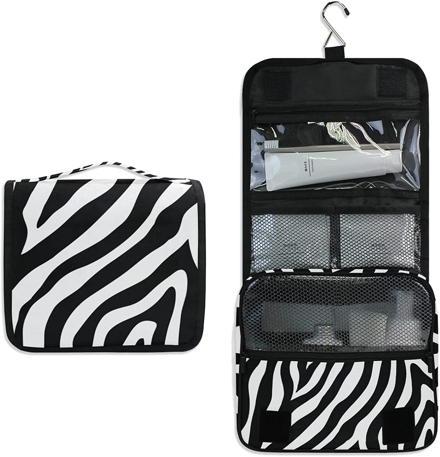 Zebra Pattern Hanging Toiletry Bags, Portable Travel Makeup Bags, Waterproof Square Large Storage Ba