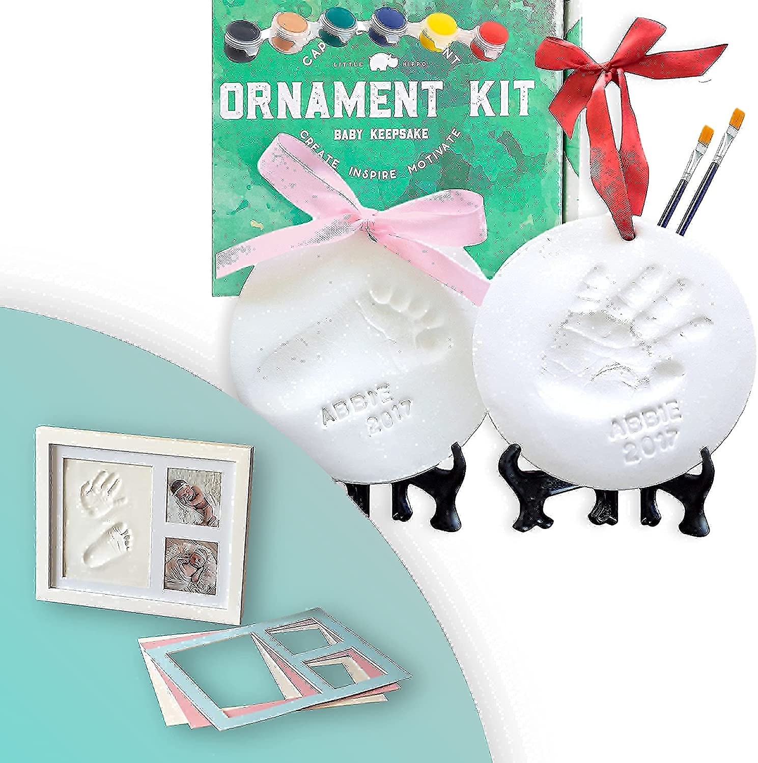 BUNDLE! Little Hippo Baby Handprint Frame + Baby Handprint Ornament Set