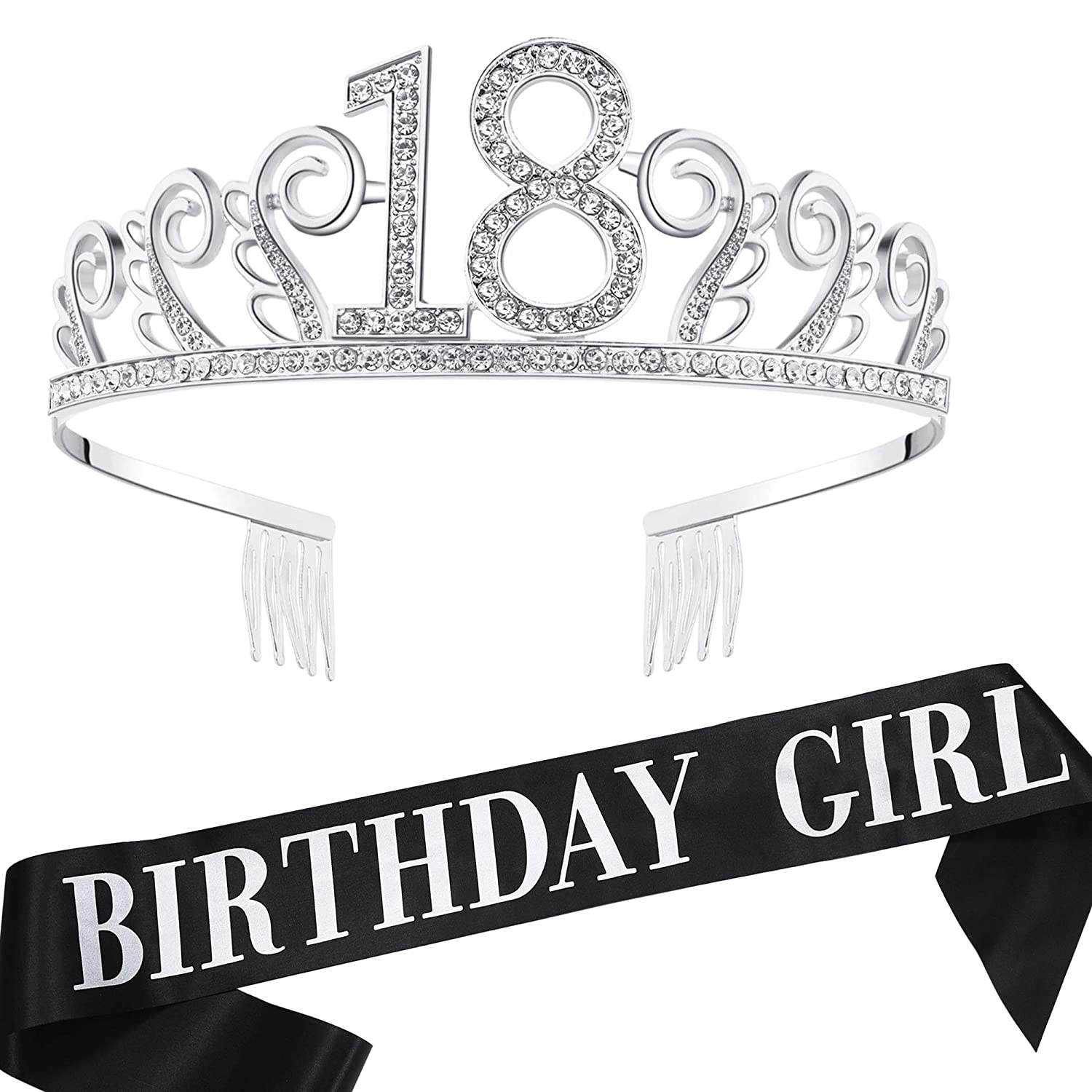 BABEYOND 18th Birthday Tiara and Sash Crystal Happy Birthday Crown and Satin Birthday Girl Sash 18th