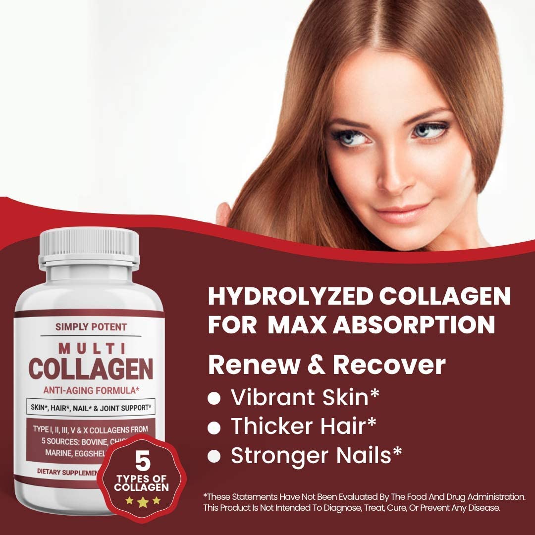 Simply Potent Multi Collagen Peptides Powder Pills, Hydrolyzed Collagen Protein Supplement with 5 Co