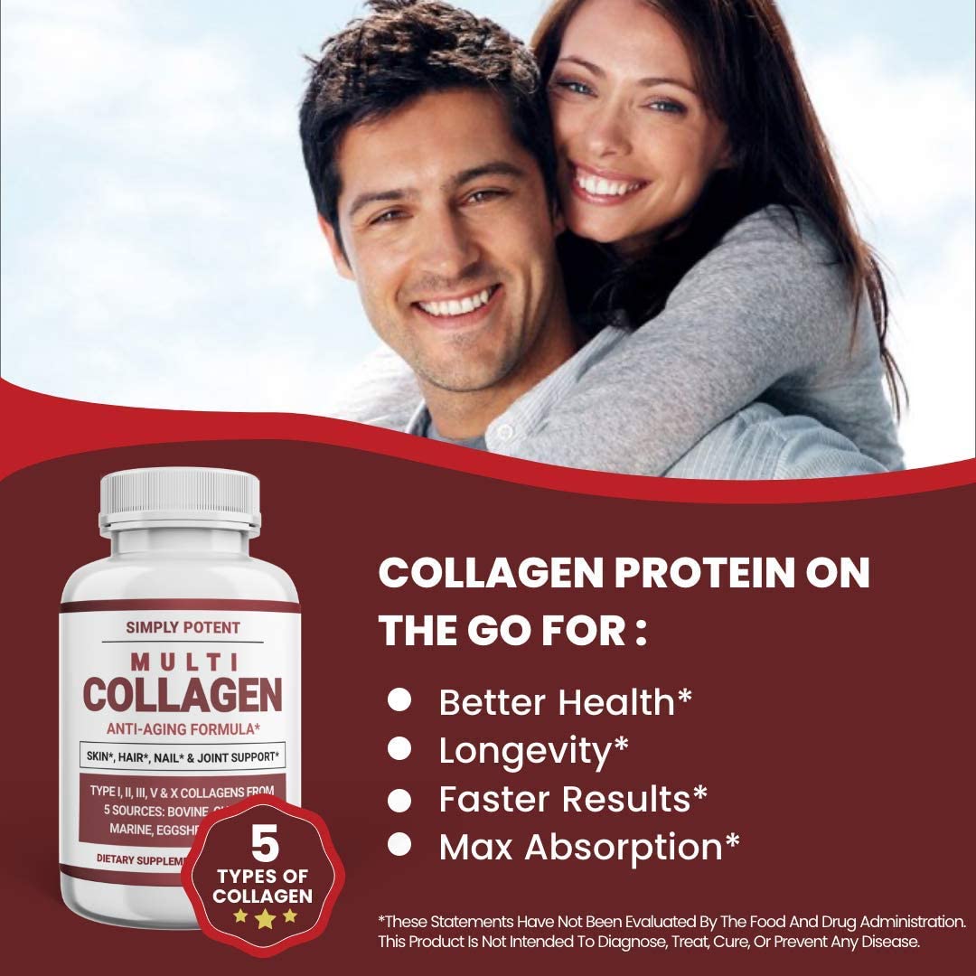 Simply Potent Multi Collagen Peptides Powder Pills, Hydrolyzed Collagen Protein Supplement with 5 Co