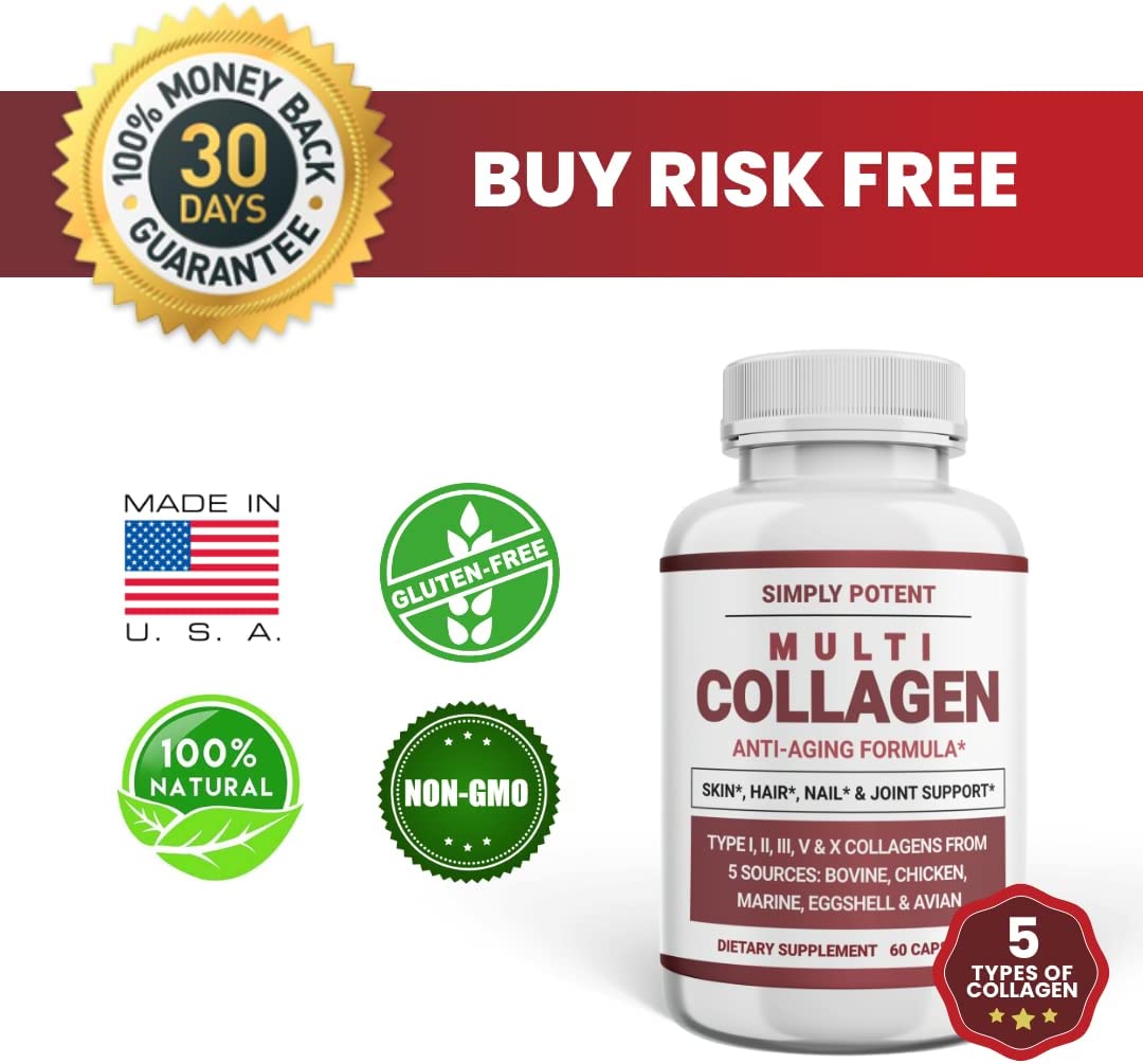 Simply Potent Multi Collagen Peptides Powder Pills, Hydrolyzed Collagen Protein Supplement with 5 Co