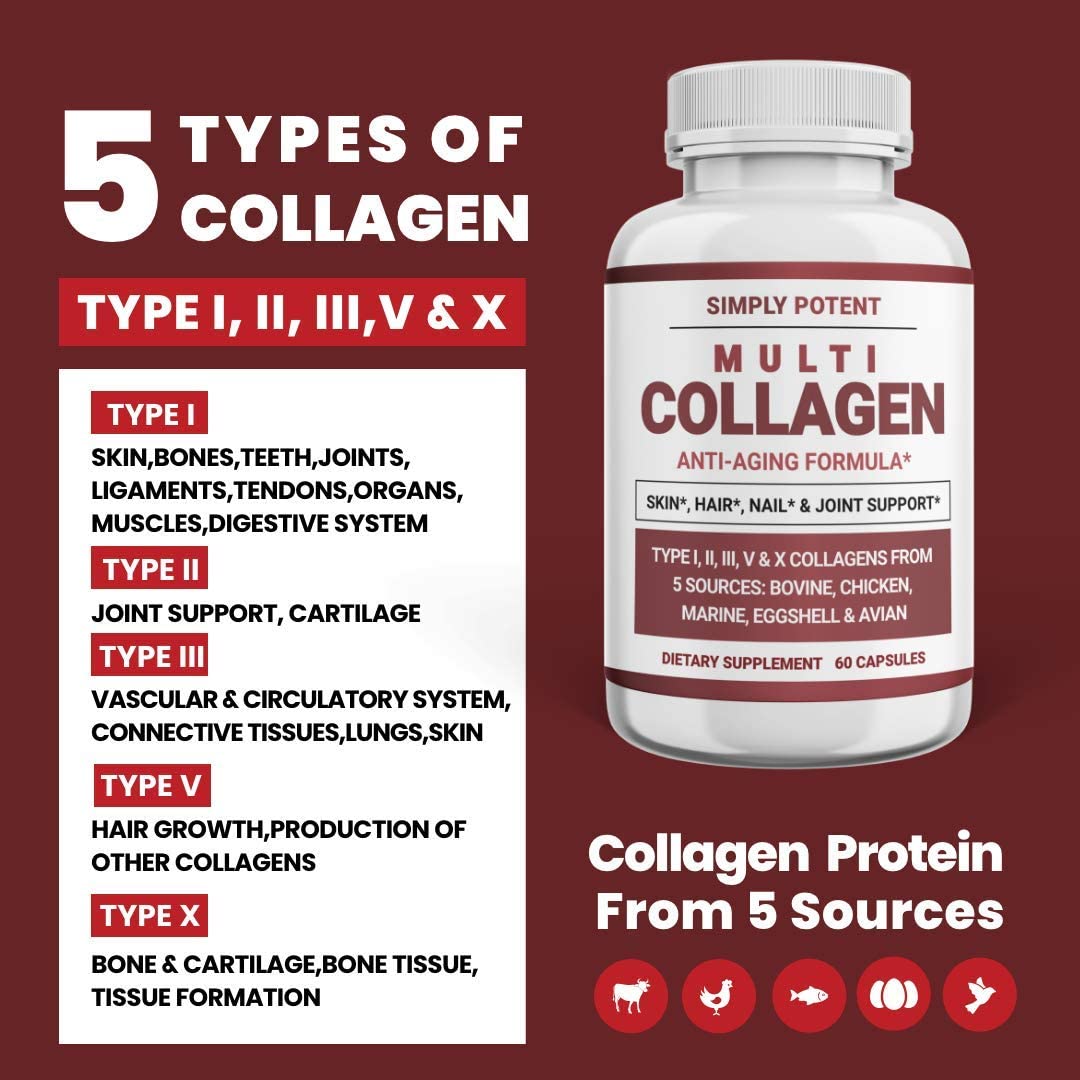 Simply Potent Multi Collagen Peptides Powder Pills, Hydrolyzed Collagen Protein Supplement with 5 Co