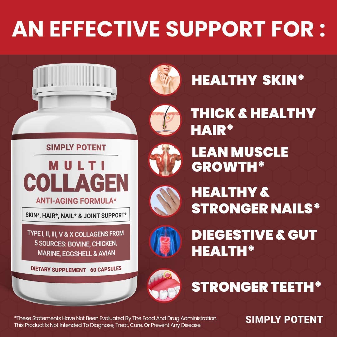 Simply Potent Multi Collagen Peptides Powder Pills, Hydrolyzed Collagen Protein Supplement with 5 Co