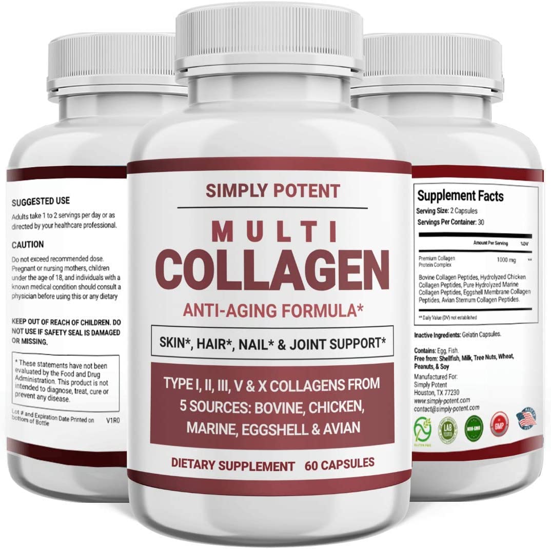 Simply Potent Multi Collagen Peptides Powder Pills, Hydrolyzed Collagen Protein Supplement with 5 Co