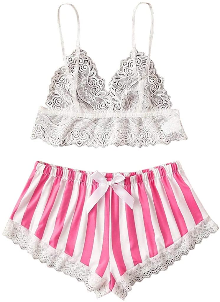 Sttech1 Women Sexy Lace Bra Satin Briefs Lingerie Set Silk Underwear Sleepwear Lace Trim Pajamas Sle