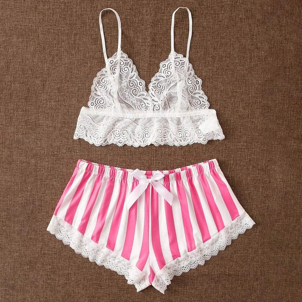 Sttech1 Women Sexy Lace Bra Satin Briefs Lingerie Set Silk Underwear Sleepwear Lace Trim Pajamas Sle