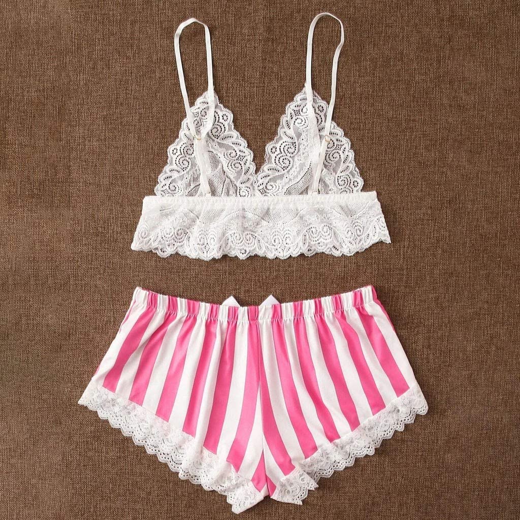 Sttech1 Women Sexy Lace Bra Satin Briefs Lingerie Set Silk Underwear Sleepwear Lace Trim Pajamas Sle