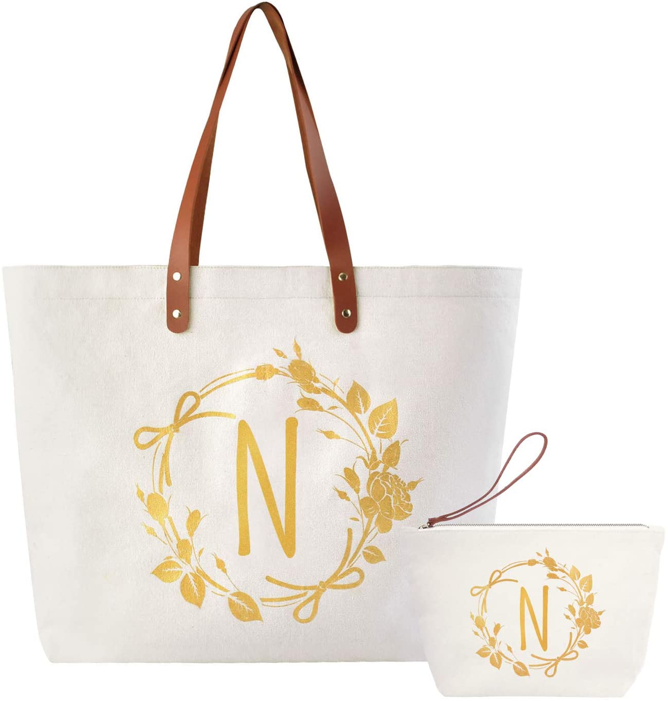 ElegantPark Monogrammed Gifts for Women N Initial Tote Bag Personalized Makeup Bag Wedding Gifts Bir