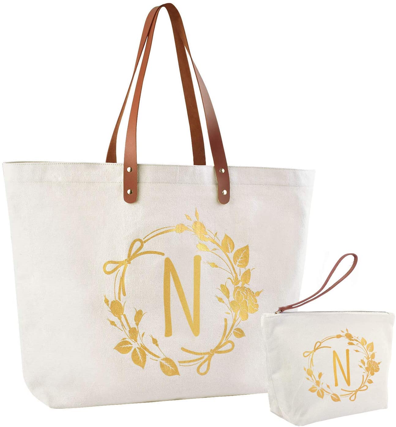 ElegantPark Monogrammed Gifts for Women N Initial Tote Bag Personalized Makeup Bag Wedding Gifts Bir