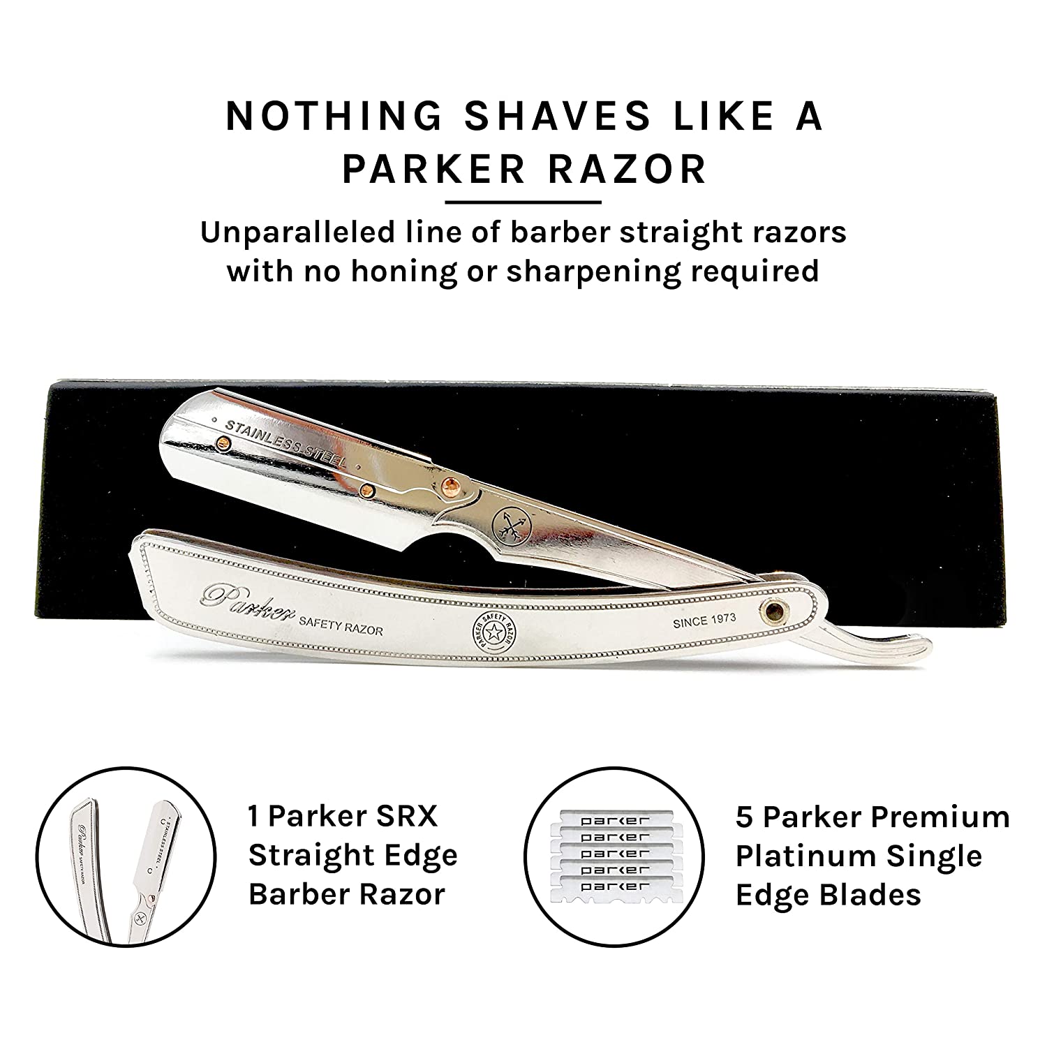 Parker SRX 100% Stainless Steel Straight Edge Razor & 5 Straight Edge Half Blades