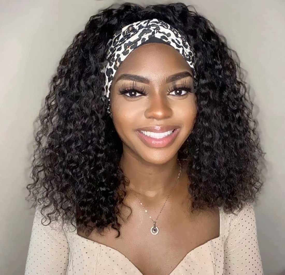 IVCoco Curly Headband Wig Human Hair Glueless None Lace Front Wigs, Headband Human Hair Wigs 180% De