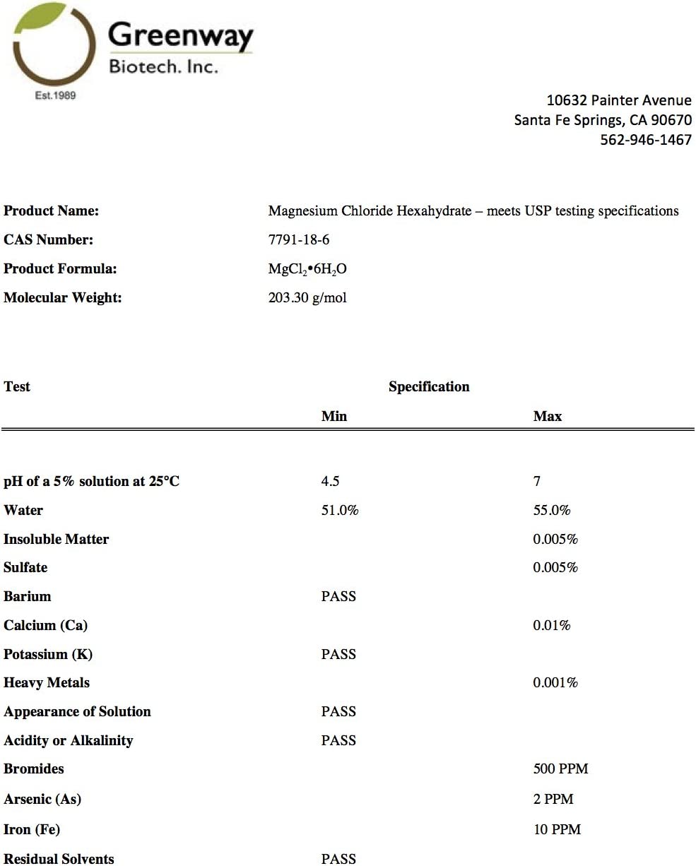 Magnesium Chloride USP (Pharmaceutical Grade) 100% Edible Cloruro de Magnesio 100% Comestible