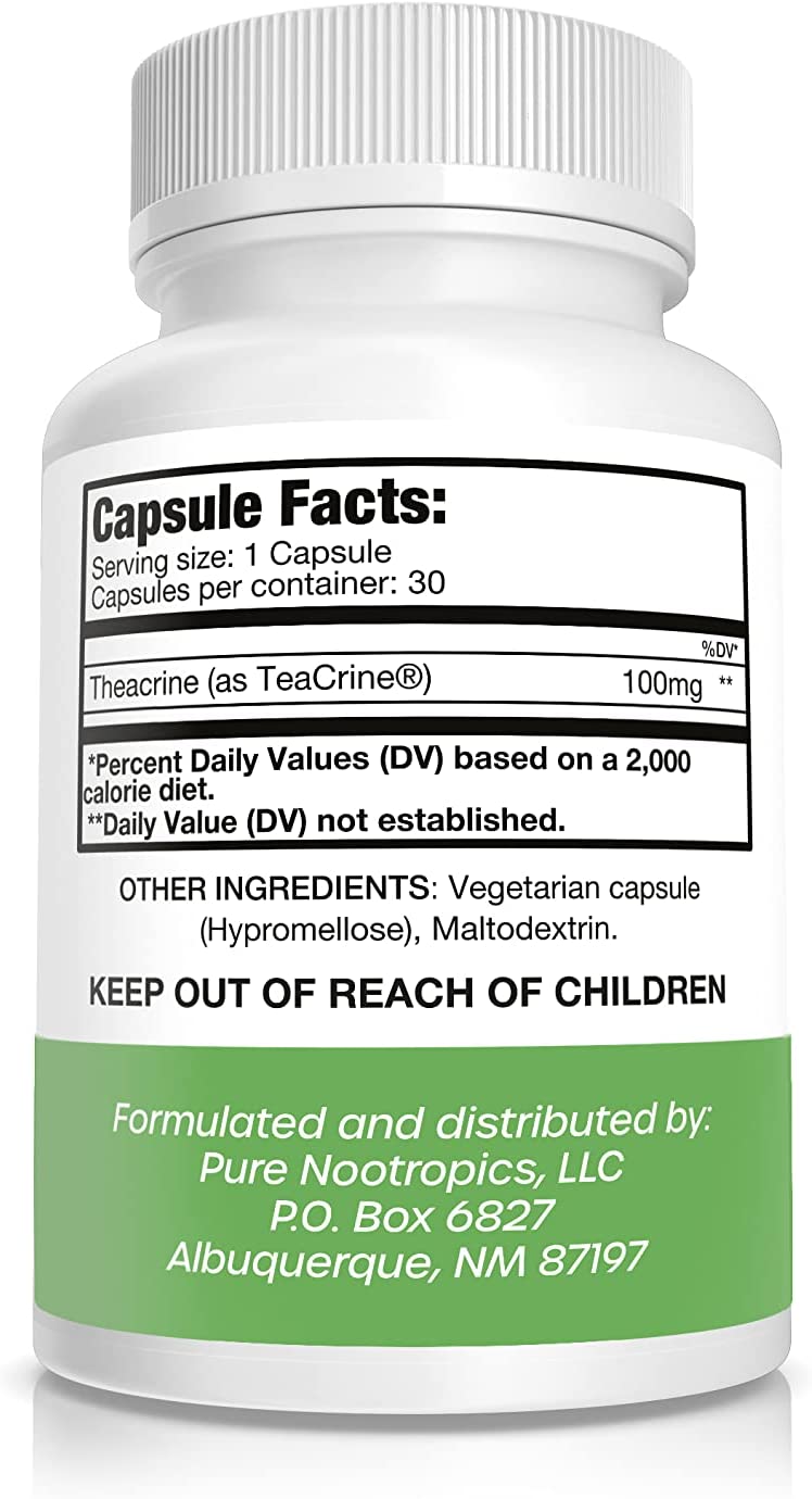 Theacrine (TeaCrine) 100 mg Veg Capsules | 30 Count | Non Habit Forming Energy Supplement | Caffeine