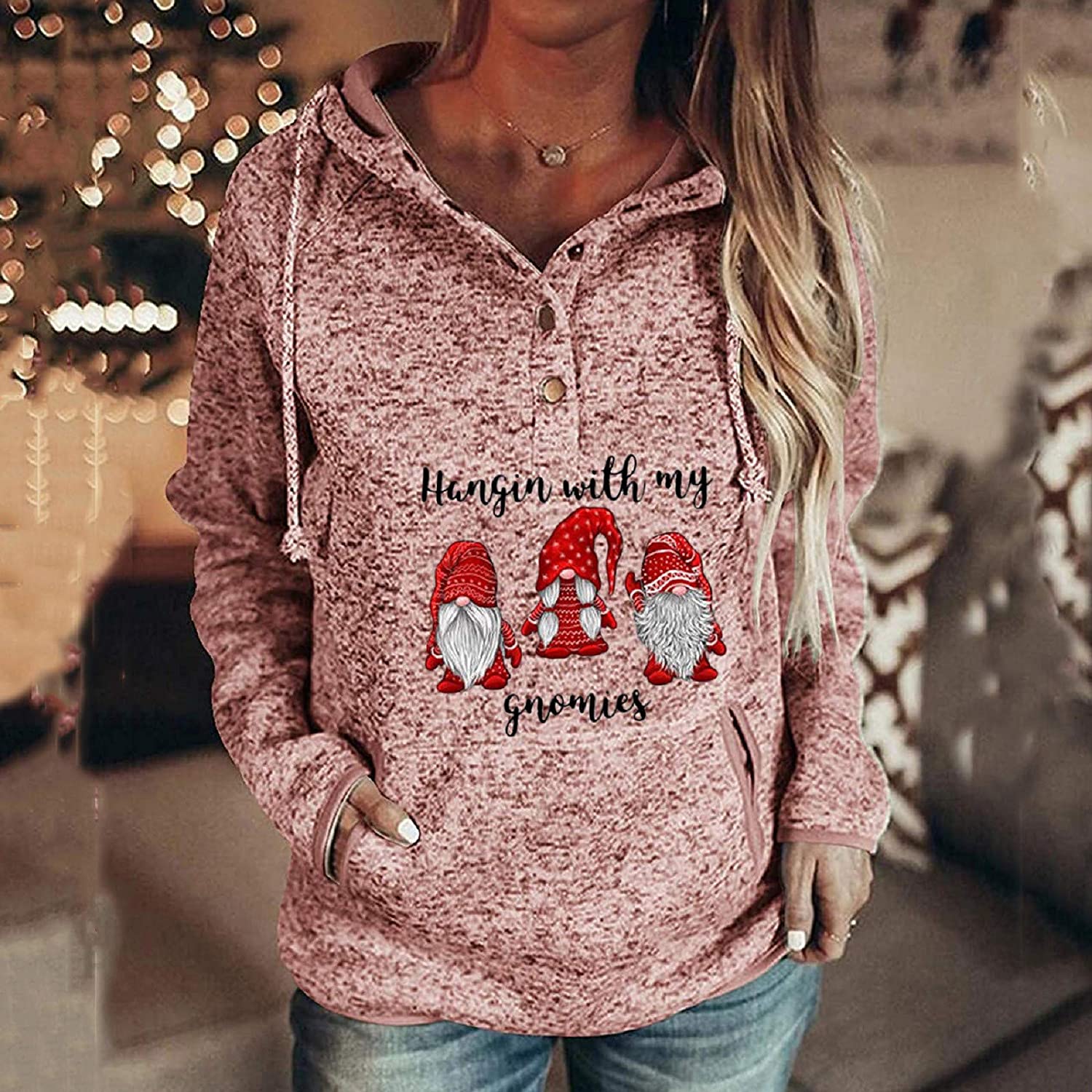 Dosoop Women Button Collar Hoodies Long Sleeve Drawstring Pockets Sweatshirts Hoodies Pullover Tops 