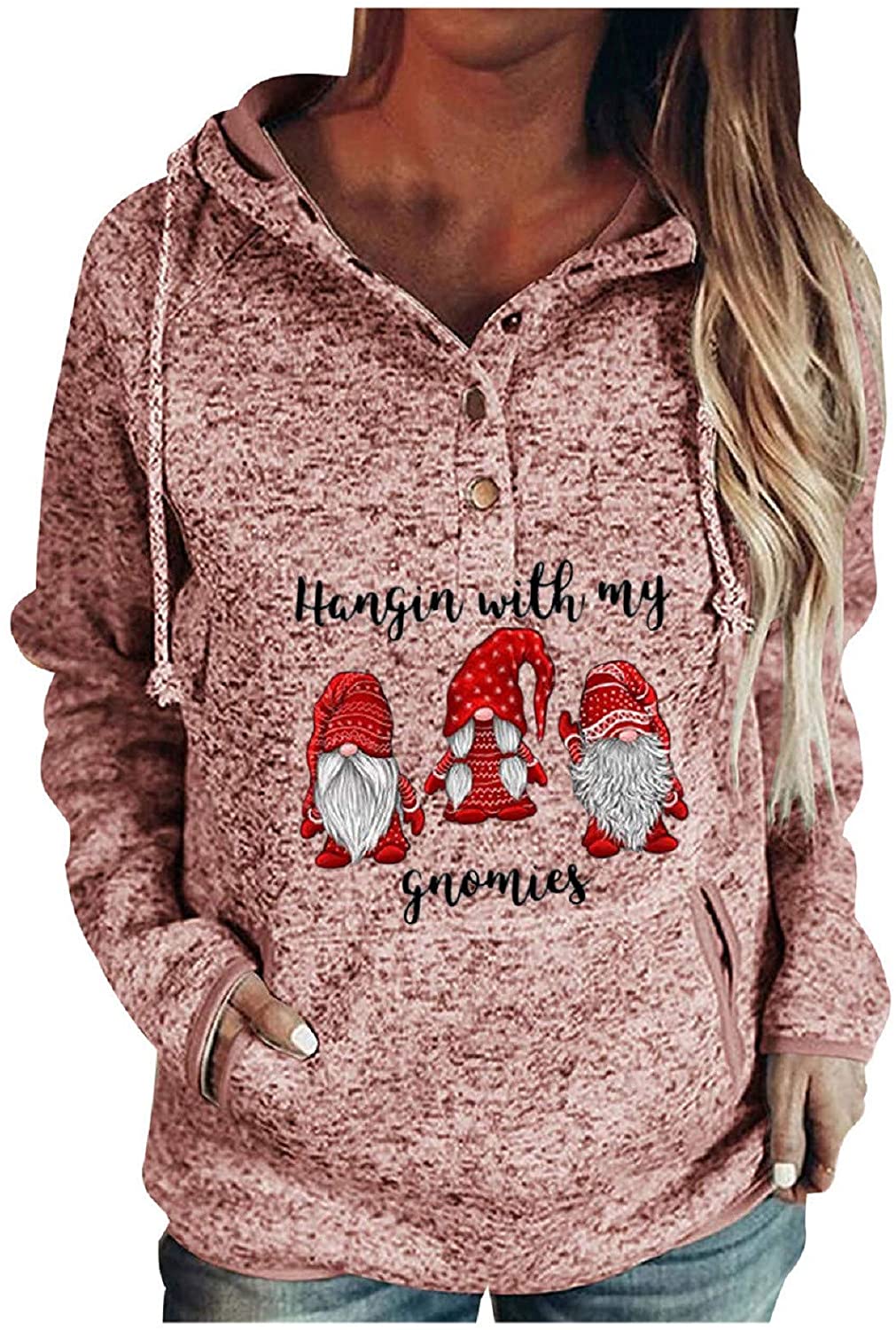 Dosoop Women Button Collar Hoodies Long Sleeve Drawstring Pockets Sweatshirts Hoodies Pullover Tops 