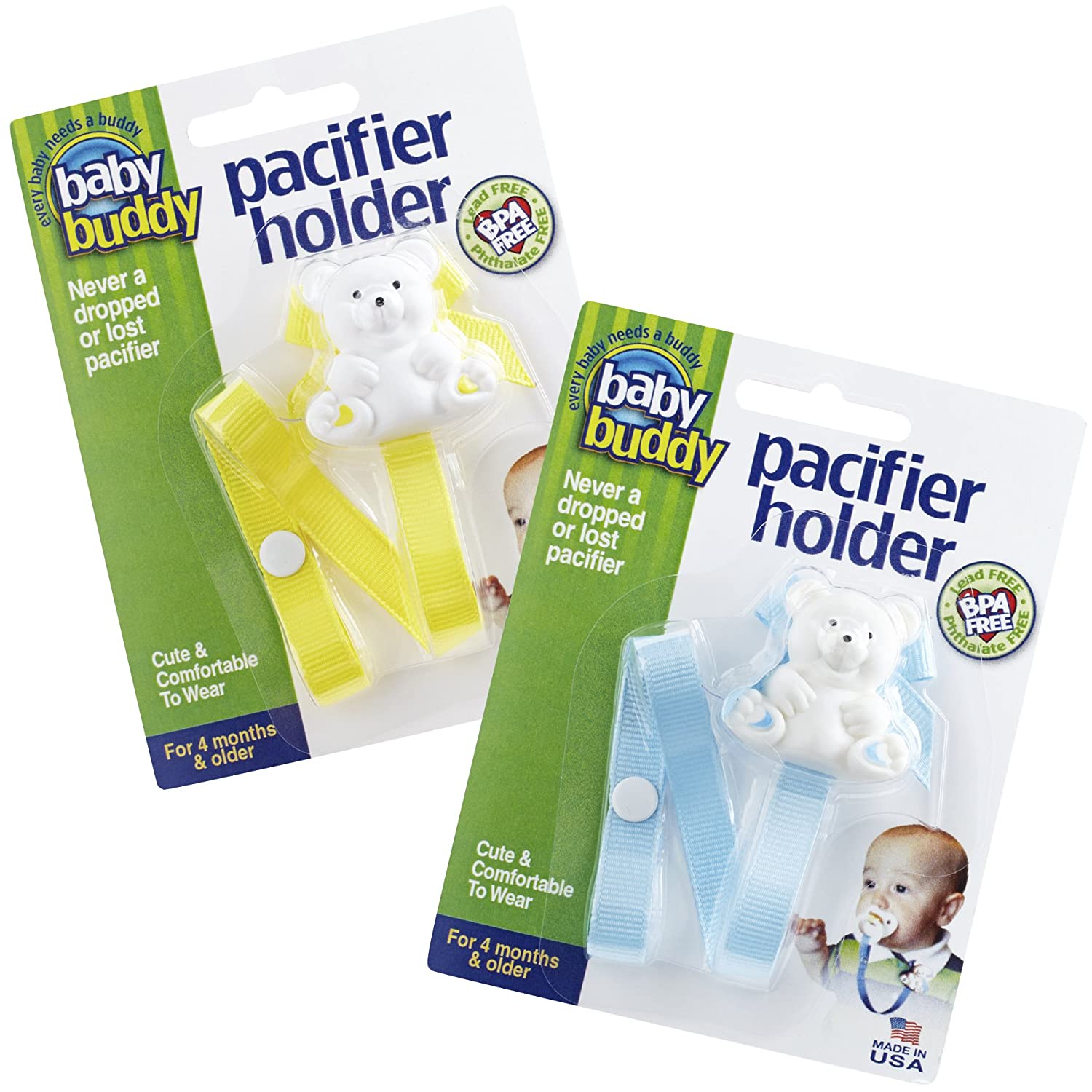 Baby Buddy 2 Piece Unisex Pacifier Holder Clip, Yellow/Light Blue, 4 Months and Up