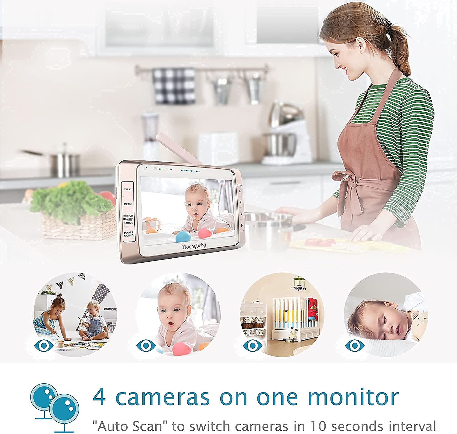 Moonybaby Long Range No WiFi Baby Monitor with 4 Cameras for 4 Rooms, Trust 50s
