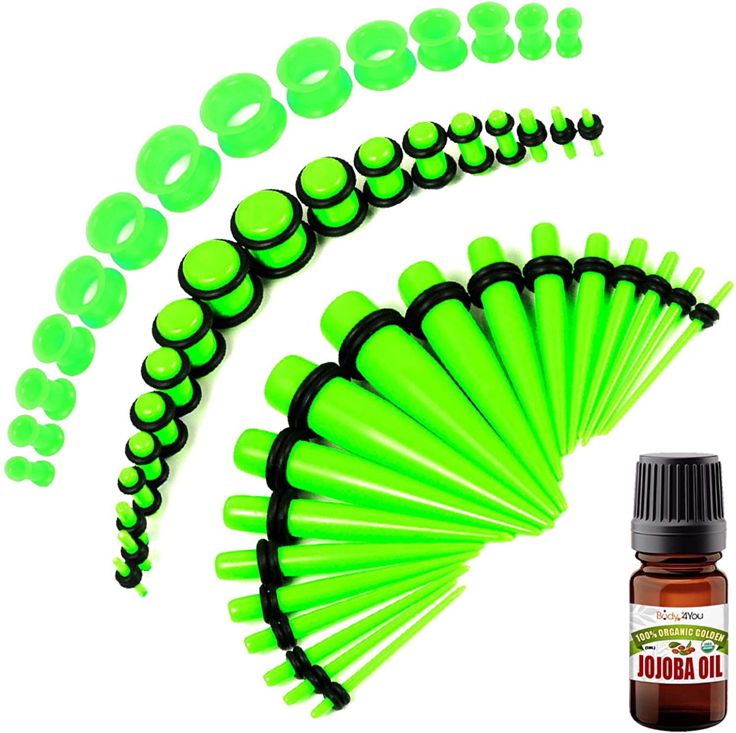 BodyJ4You 50PC Gauges Kit Ear Stretching Aftercare Jojoba Oil Wax 14G-12MM Tunnel Plug Taper Set