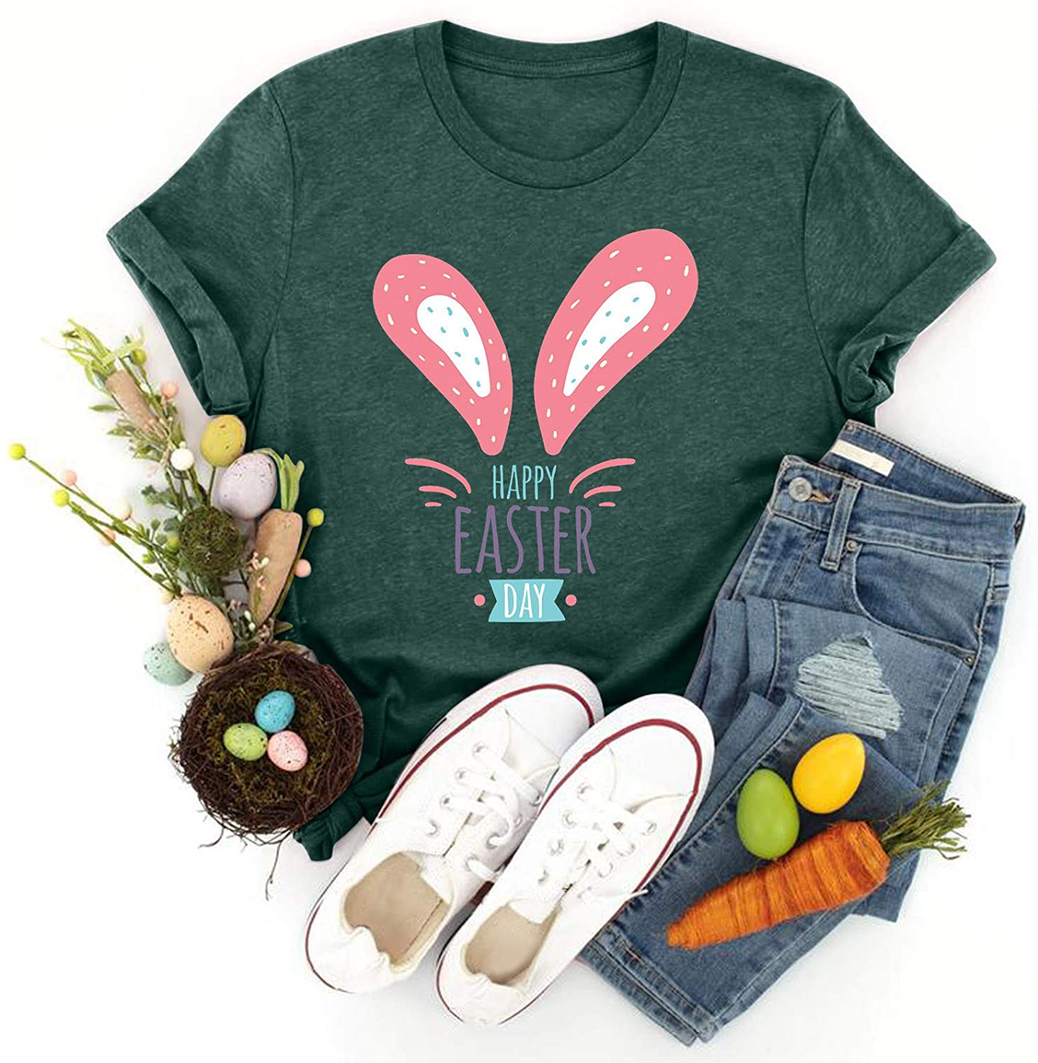 Dosoop Womens Easter T Shirt Short Sleeve Adorable Bunny Printed Graphic Tees Casual Summer O Neck T