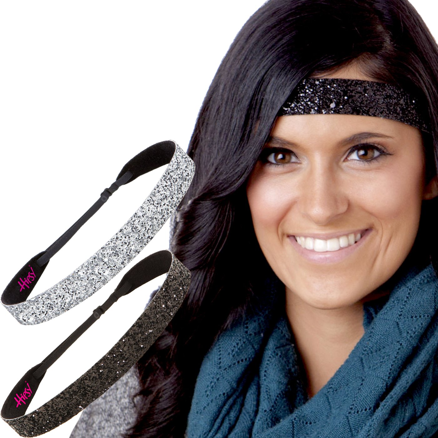 Hipsy Adjustable Non Slip Fashion Wide Bling Glitter Headbands for Women Girls & Teens 2-Pack (Black