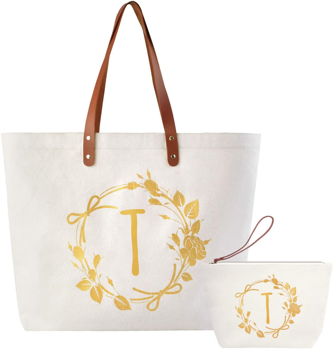 ElegantPark Monogrammed Gifts for Women T Initial Tote Bag Personalized Makeup Bag Wedding Gifts Bir
