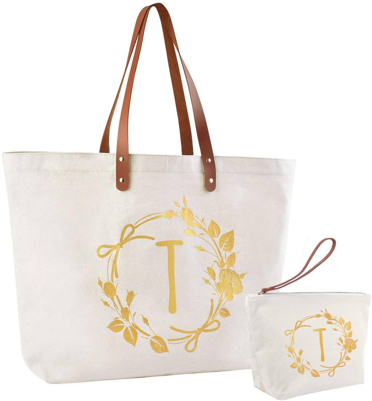 ElegantPark Monogrammed Gifts for Women T Initial Tote Bag Personalized Makeup Bag Wedding Gifts Bir