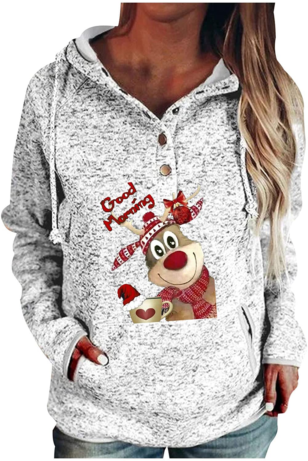 Dosoop Women Christmas Reindeer Button Collar Hoodies Drawstring Pockets Sweatshirts Hoodies Pullove