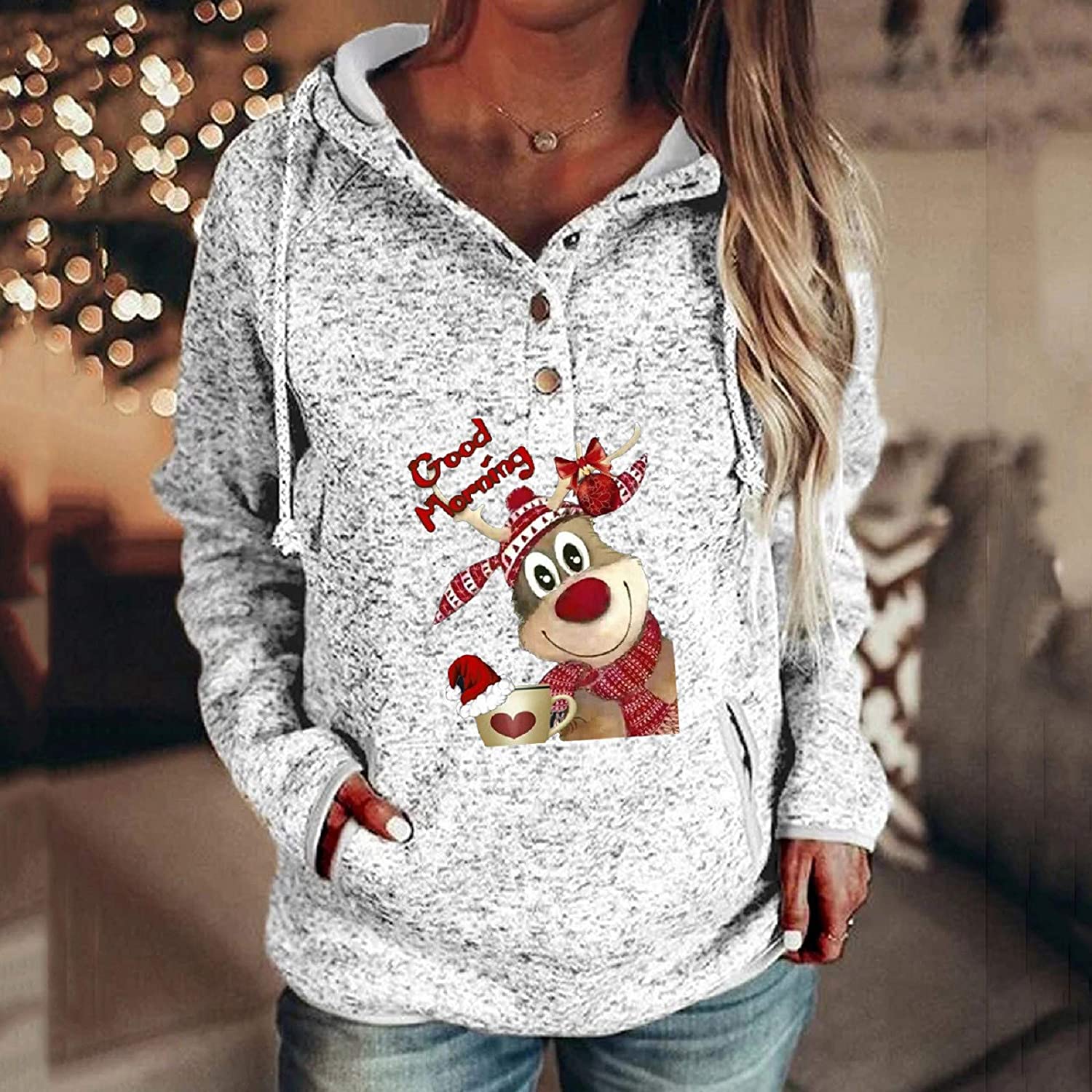 Dosoop Women Christmas Reindeer Button Collar Hoodies Drawstring Pockets Sweatshirts Hoodies Pullove