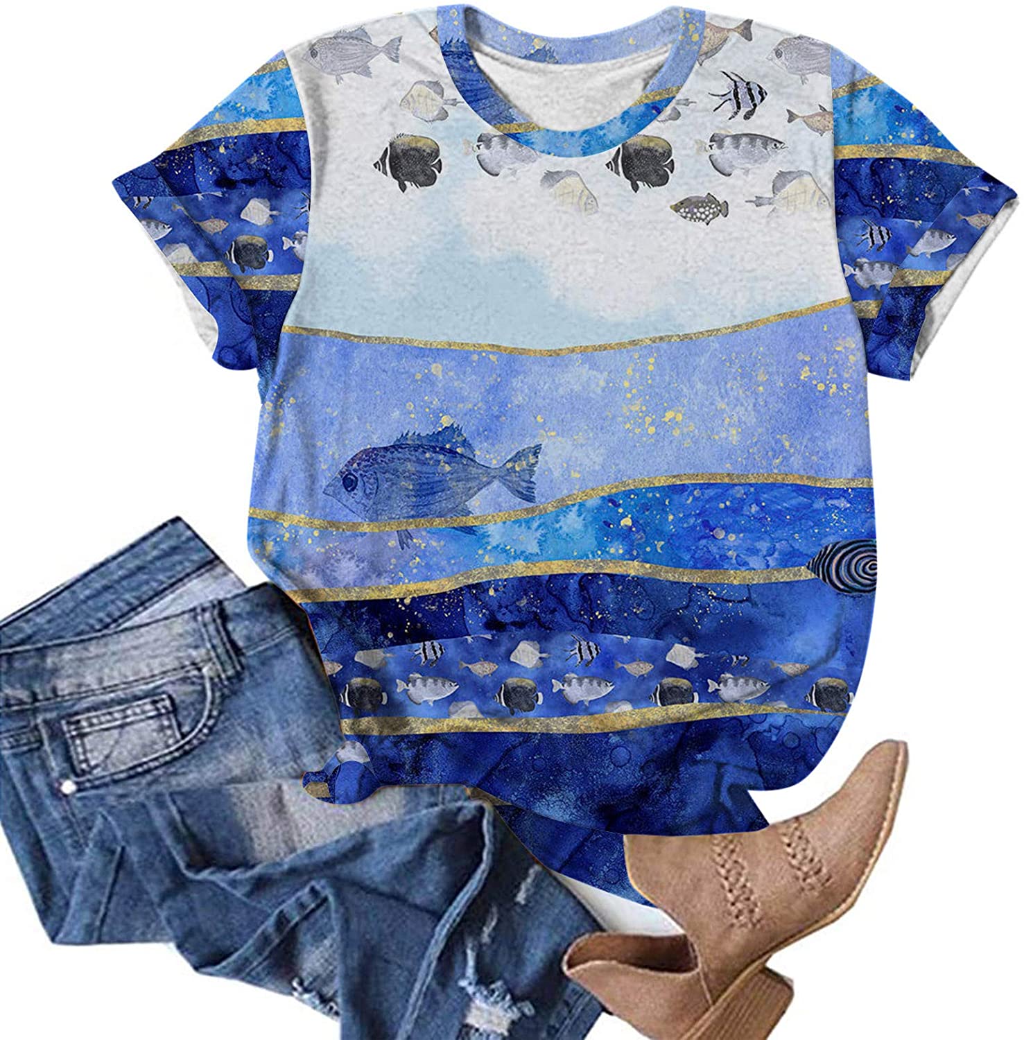 Dosoop Womens Novelty Sea Whale Dolphin Printed Animal Graphic T Shirt Short Sleeve Crewneck Tees To