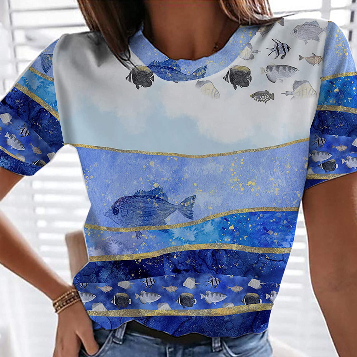 Dosoop Womens Novelty Sea Whale Dolphin Printed Animal Graphic T Shirt Short Sleeve Crewneck Tees To