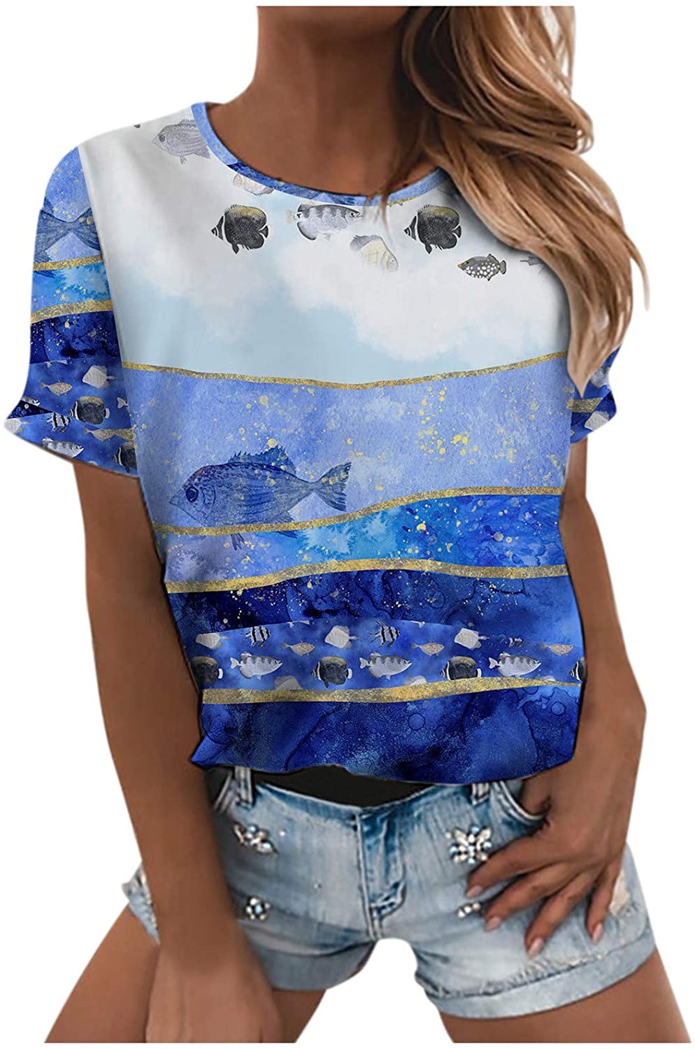 Dosoop Womens Novelty Sea Whale Dolphin Printed Animal Graphic T Shirt Short Sleeve Crewneck Tees To