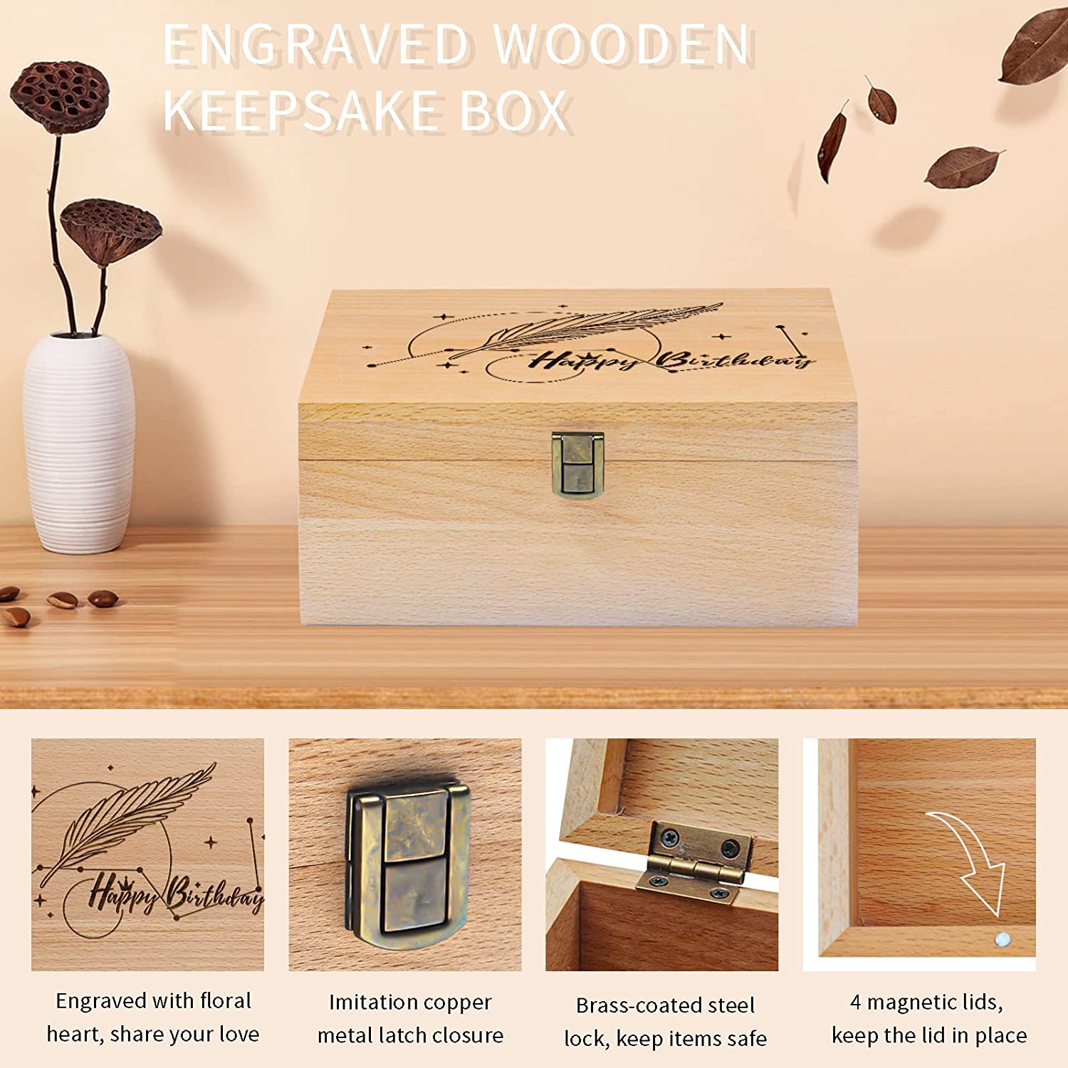 EXISTING Happy Birthday Wooden Memory Keepsake Box, Decorative Storage Box with Hinged Lid, Large Wo