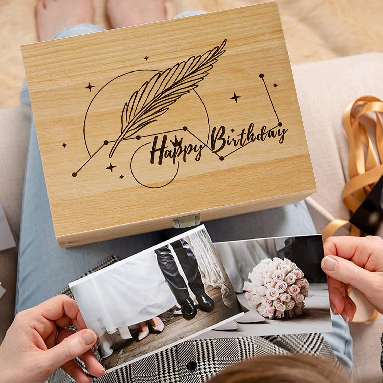 EXISTING Happy Birthday Wooden Memory Keepsake Box, Decorative Storage Box with Hinged Lid, Large Wo