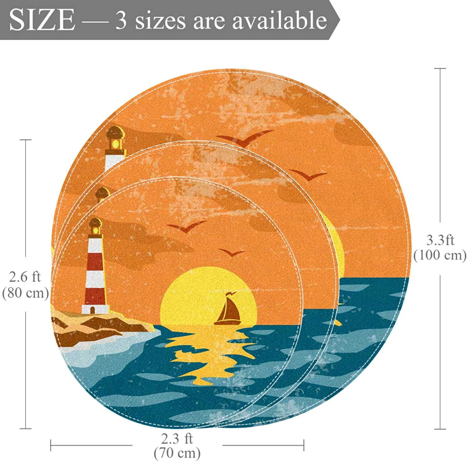Play Mat for Baby Sea Lighthouse Retro Nursery Rug Anti-Skid Round Area Rug Soft Crawling Mat Print 