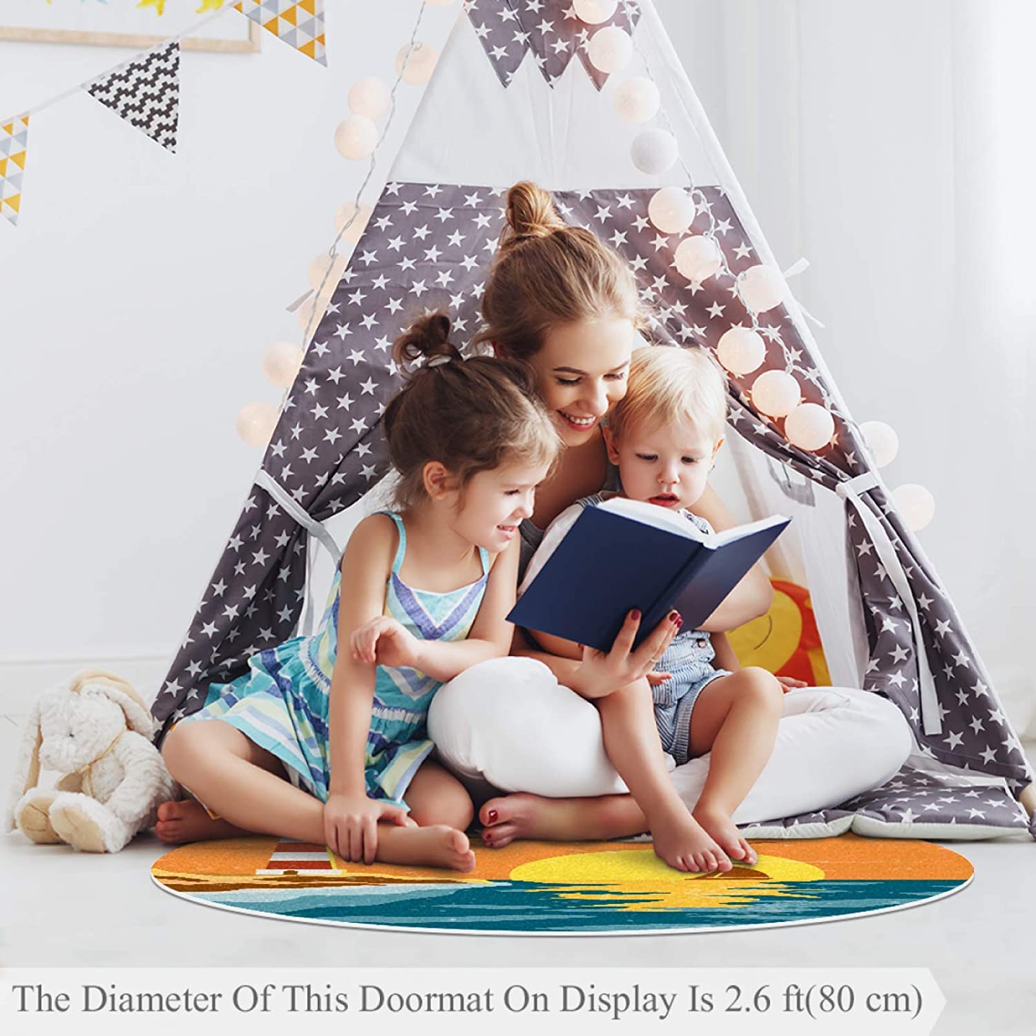 Play Mat for Baby Sea Lighthouse Retro Nursery Rug Anti-Skid Round Area Rug Soft Crawling Mat Print 