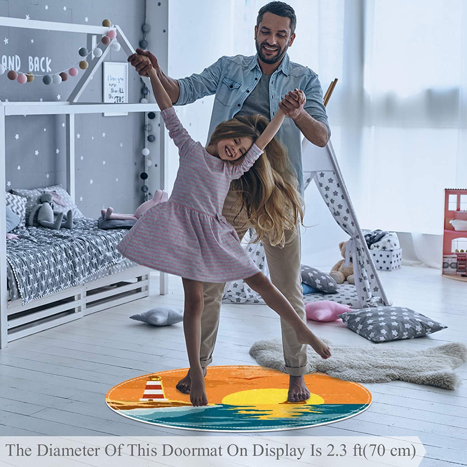 Play Mat for Baby Sea Lighthouse Retro Nursery Rug Anti-Skid Round Area Rug Soft Crawling Mat Print 