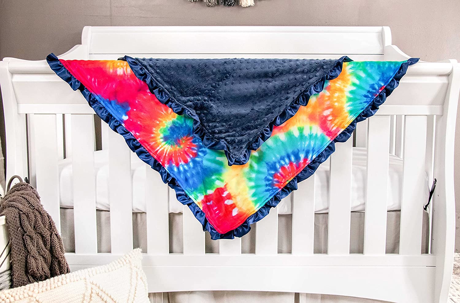 Top Tots Baby Blanket - Tie Dye Pattern with Navy Blue Minky Dot & Satin Ruffle, 31 x 31 Inch Multic