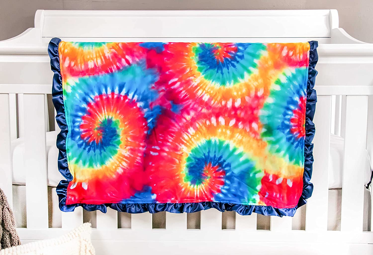 Top Tots Baby Blanket - Tie Dye Pattern with Navy Blue Minky Dot & Satin Ruffle, 31 x 31 Inch Multic