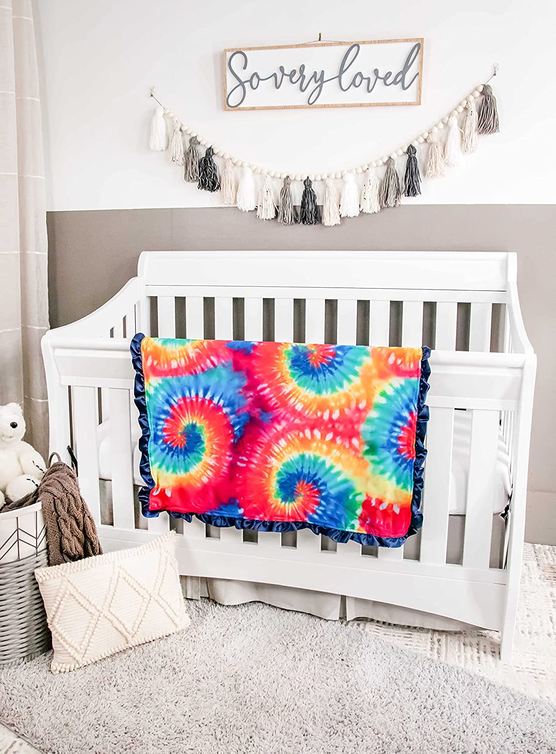 Top Tots Baby Blanket - Tie Dye Pattern with Navy Blue Minky Dot & Satin Ruffle, 31 x 31 Inch Multic