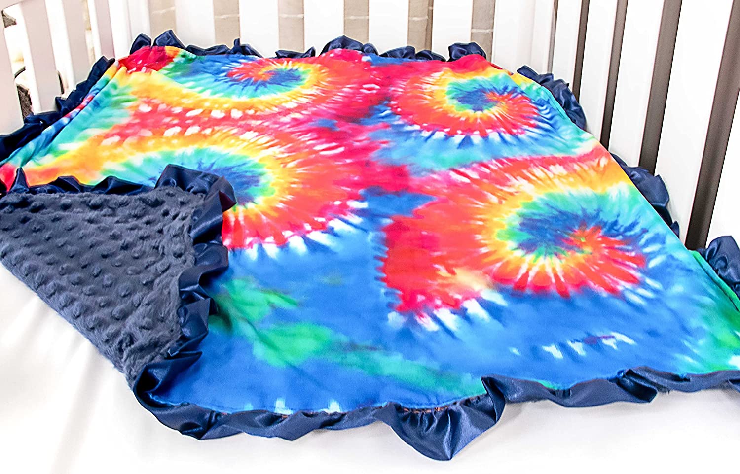 Top Tots Baby Blanket - Tie Dye Pattern with Navy Blue Minky Dot & Satin Ruffle, 31 x 31 Inch Multic