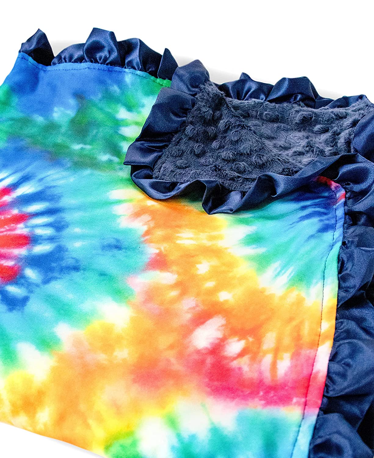 Top Tots Baby Blanket - Tie Dye Pattern with Navy Blue Minky Dot & Satin Ruffle, 31 x 31 Inch Multic