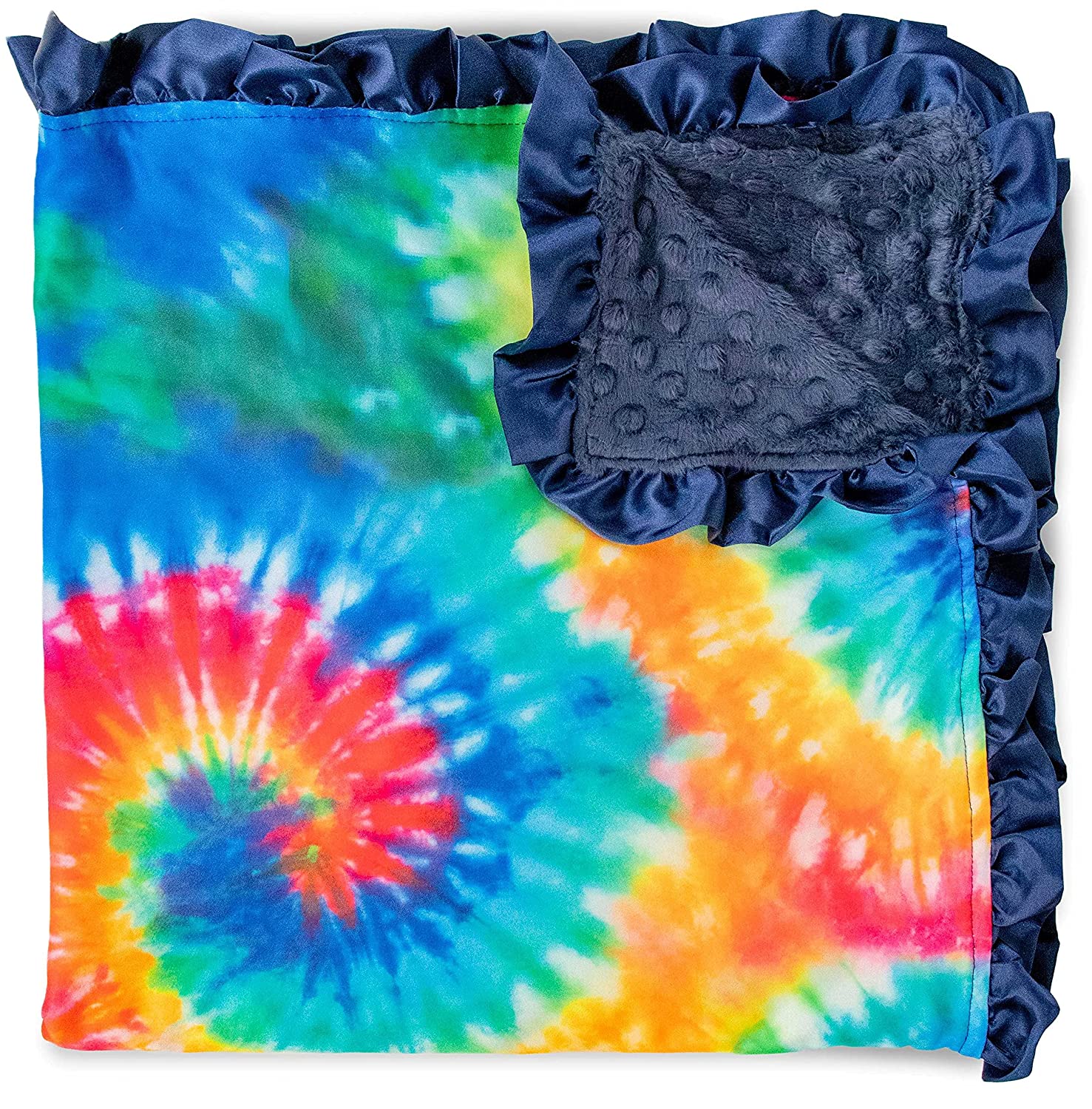 Top Tots Baby Blanket - Tie Dye Pattern with Navy Blue Minky Dot & Satin Ruffle, 31 x 31 Inch Multic